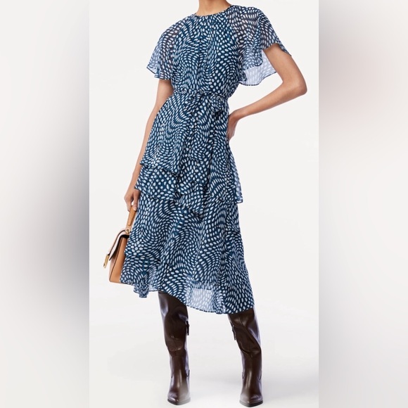 Green & White dotted raglan Sleeve Tie Waist tiered chiffon look dress size smal - Picture 8 of 10